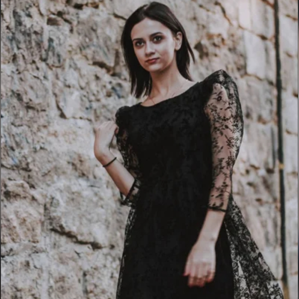 Zara Floral Tulle Black Midi Dress Size S